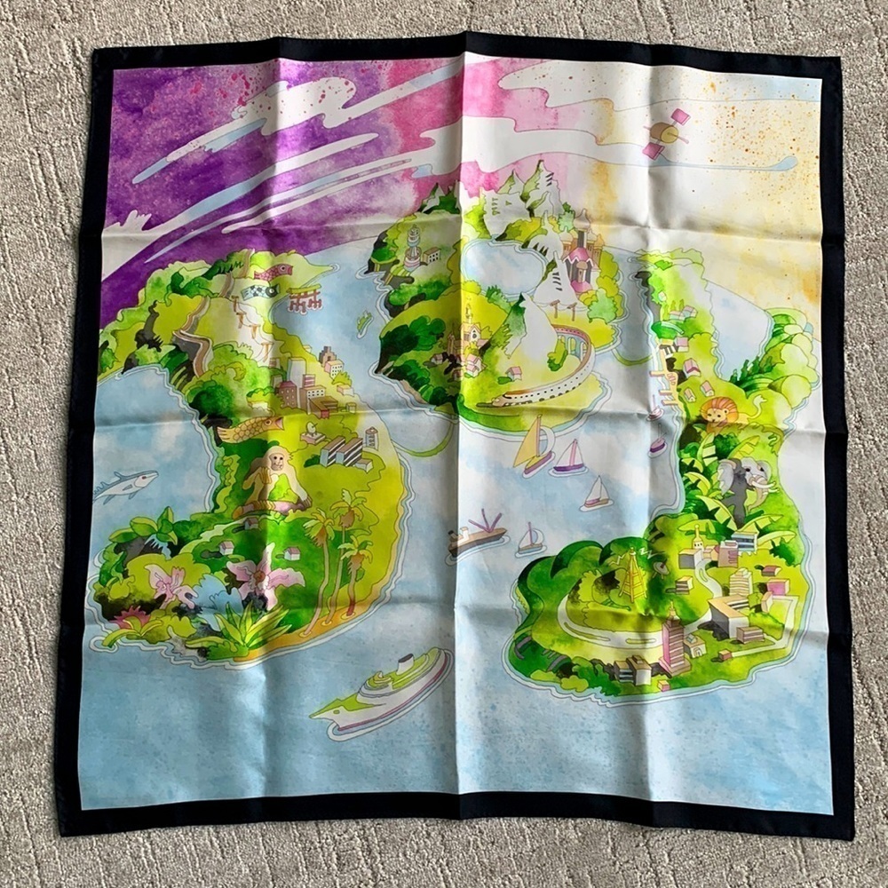 Handmade 100% Silk Art Scarf JOY Map Colorful Made in Korea Vintage 30x30